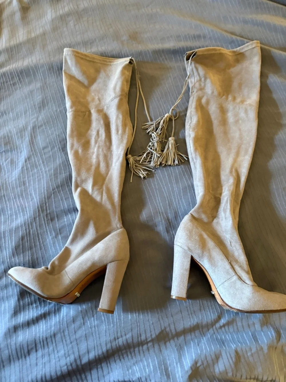 Shutz Over-the-Knee Suede Block Heel Boots in Taupe 7.5 B tassels